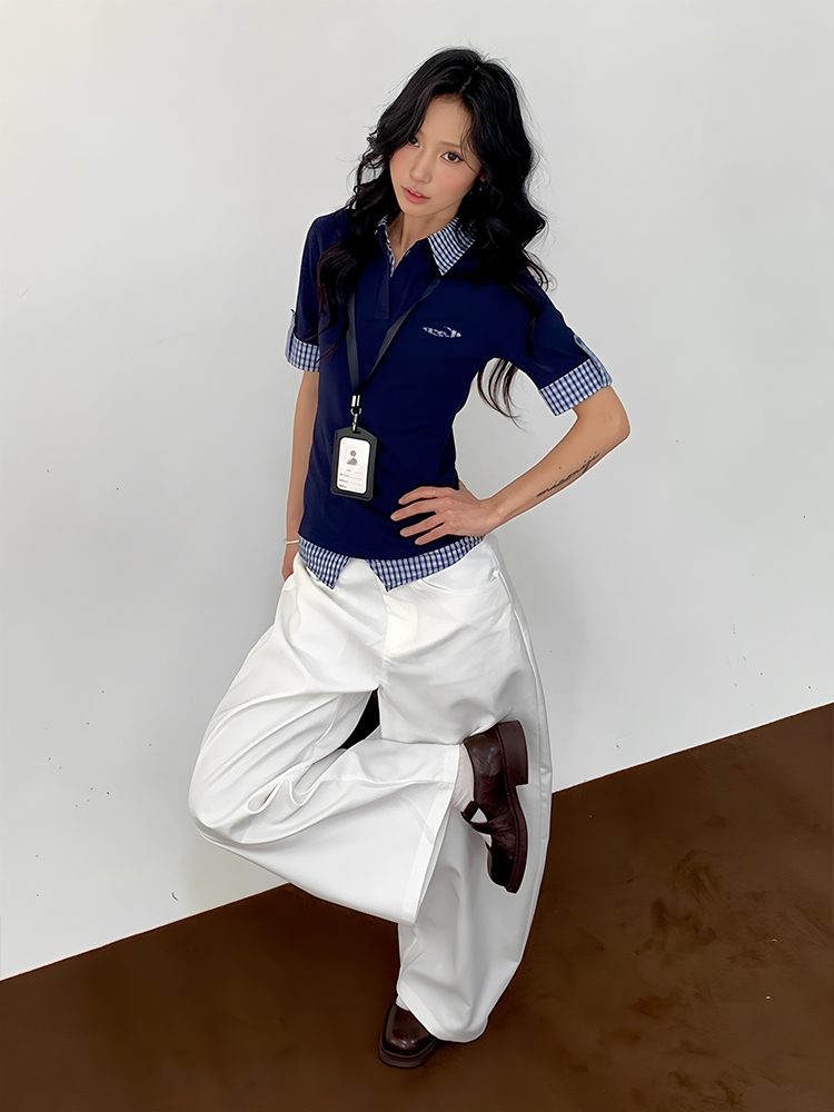 Vintage Inspired Women's Short Sleeve Polo Shirt, Summer Plaid Splicing Faux Two-Piece T-Shirt, Preppy Style, Slim Fit Top Vintage Inspired Women's Short Sleeve Polo Shirt, Summer Plaid Splicing Faux Two-Piece T-Shirt, Preppy Style, Slim Fit Top