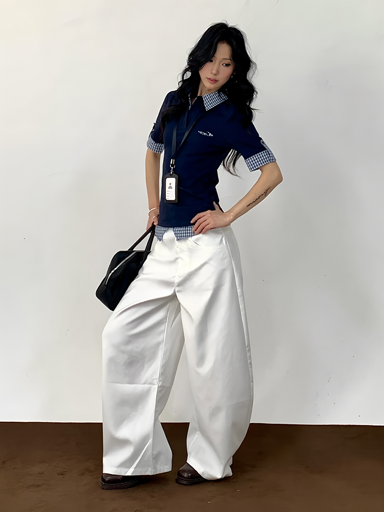 Vintage Inspired Women's Short Sleeve Polo Shirt, Summer Plaid Splicing Faux Two-Piece T-Shirt, Preppy Style, Slim Fit Top Vintage Inspired Women's Short Sleeve Polo Shirt, Summer Plaid Splicing Faux Two-Piece T-Shirt, Preppy Style, Slim Fit Top