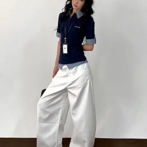 Vintage Inspired Women's Short Sleeve Polo Shirt, Summer Plaid Splicing Faux Two-Piece T-Shirt, Preppy Style, Slim Fit Top