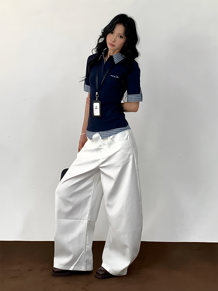 Vintage Inspired Women's Short Sleeve Polo Shirt, Summer Plaid Splicing Faux Two-Piece T-Shirt, Preppy Style, Slim Fit Top Vintage Inspired Women's Short Sleeve Polo Shirt, Summer Plaid Splicing Faux Two-Piece T-Shirt, Preppy Style, Slim Fit Top