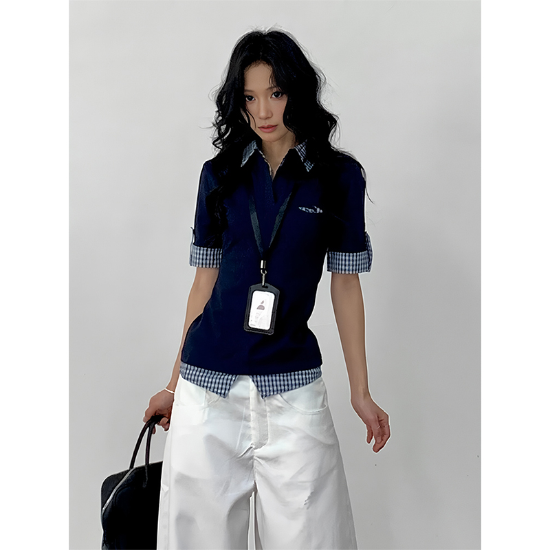 Vintage Inspired Women's Short Sleeve Polo Shirt, Summer Plaid Splicing Faux Two-Piece T-Shirt, Preppy Style, Slim Fit Top