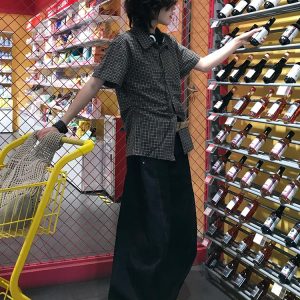 Vintage-Inspired Women’s Short Sleeve Shirt, Summer Pleated Checkered Pattern, Intellectual Style, Waist-Cinching Trendy Top