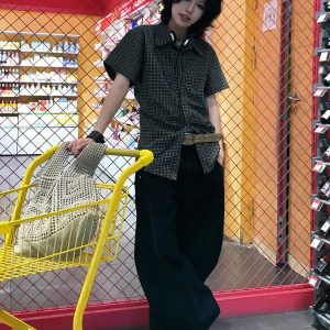 Vintage-Inspired Women’s Short Sleeve Shirt, Summer Pleated Checkered Pattern, Intellectual Style, Waist-Cinching Trendy Top