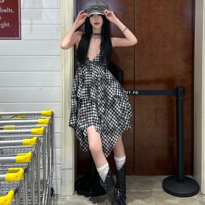 Vintage Irregular Double-Layer Plaid Camisole Dress for Women - Spicy Girl Y2K Inspired Layered Style