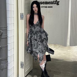 Vintage Irregular Double-Layer Plaid Camisole Dress for Women - Spicy Girl Y2K Inspired Layered Style