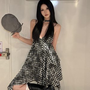 Vintage Irregular Double-Layer Plaid Camisole Dress for Women - Spicy Girl Y2K Inspired Layered Style