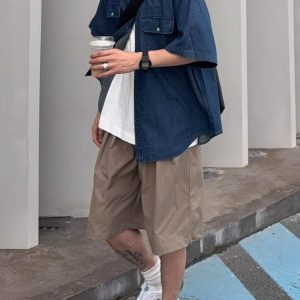 Vintage Japanese-Style Distressed Denim Short Sleeve Shirt for Men & Women, Summer Loose Fit, Double Pocket Workwear Trend