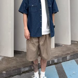 Vintage Japanese-Style Distressed Denim Short Sleeve Shirt for Men & Women, Summer Loose Fit, Double Pocket Workwear Trend