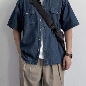 Vintage Japanese-Style Distressed Denim Short Sleeve Shirt for Men & Women, Summer Loose Fit, Double Pocket Workwear Trend