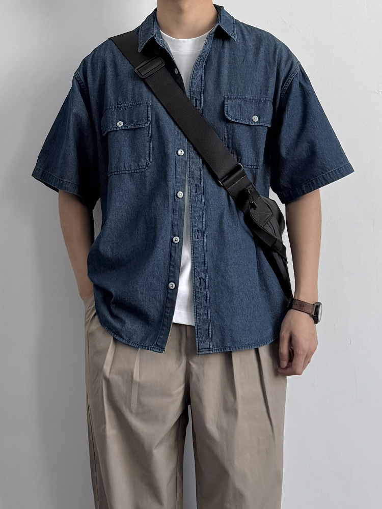 Vintage Japanese-Style Distressed Denim Short Sleeve Shirt for Men & Women, Summer Loose Fit, Double Pocket Workwear Trend Vintage Japanese-Style Distressed Denim Short Sleeve Shirt for Men & Women, Summer Loose Fit, Double Pocket Workwear Trend