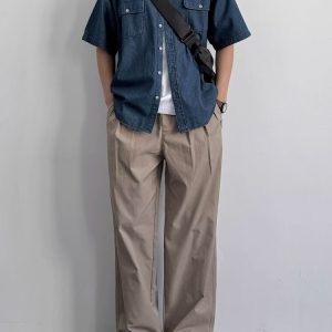 Vintage Japanese-Style Distressed Denim Short Sleeve Shirt for Men & Women, Summer Loose Fit, Double Pocket Workwear Trend