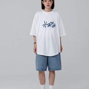 Vintage Japanese Style Printed Short-Sleeve T-Shirt for Men, Loose Fit Heavyweight Summer Top