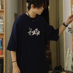 Vintage Japanese Style Printed Short-Sleeve T-Shirt for Men, Loose Fit Heavyweight Summer Top