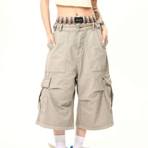 Vintage Khaki Cargo Seven-Point Pants for Men and Women - Unisex Multi-Pocket Loose Shorts for American Street Style Fashion