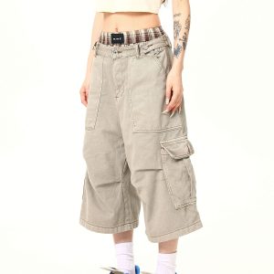 Vintage Khaki Cargo Seven-Point Pants for Men and Women - Unisex Multi-Pocket Loose Shorts for American Street Style Fashion