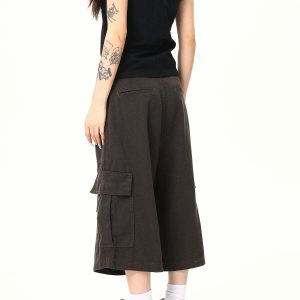 Vintage Khaki Cargo Seven-Point Pants for Men and Women - Unisex Multi-Pocket Loose Shorts for American Street Style Fashion