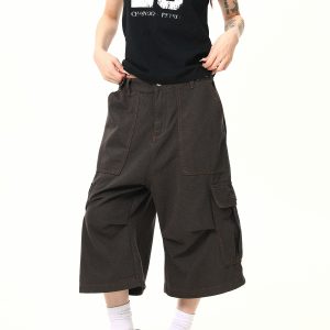 Vintage Khaki Cargo Seven-Point Pants for Men and Women - Unisex Multi-Pocket Loose Shorts for American Street Style Fashion