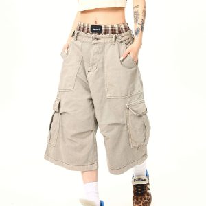 Vintage Khaki Cargo Seven-Point Pants for Men and Women - Unisex Multi-Pocket Loose Shorts for American Street Style Fashion