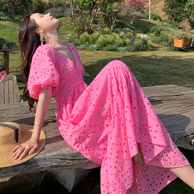 Vintage Lace Heavy-Duty Long French Embroidered Hollow V-Neck Puff Sleeve High-Waisted Flared Mermaid Dress for Boho Style Vintage Lace Heavy-Duty Long French Embroidered Hollow V-Neck Puff Sleeve High-Waisted Flared Mermaid Dress for Boho Style