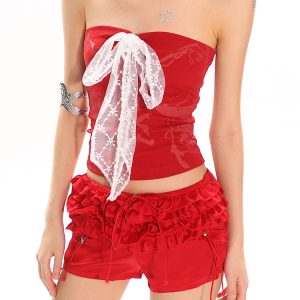 Vintage Lace Strap Printed Bustier Top for Women - Summer Casual Slim Fit Tank Top in Y2K Style