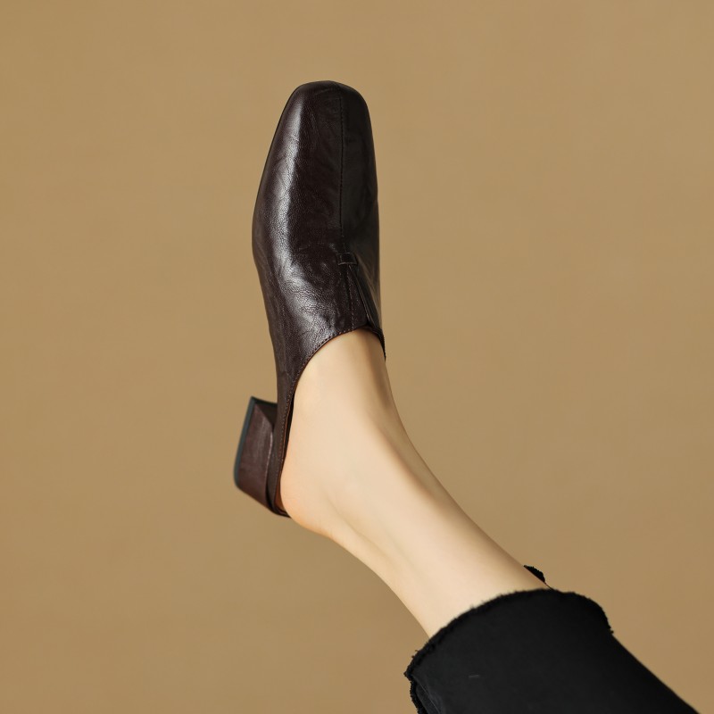 Vintage Lambskin One-Strap Half-Slide Mid-Heel Open-Toe Sandals for Women - Italian Style Casual Footwear