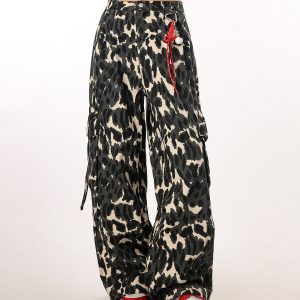 Vintage Leopard Print Camouflage Casual Pants for Women - BF Loose Wide-Leg Trousers in Lazy Style, Perfect for 90s Y2K Fashion