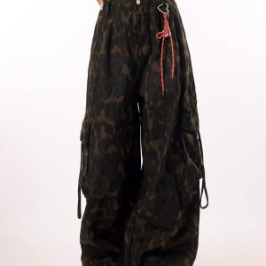 Vintage Leopard Print Camouflage Casual Pants for Women - BF Loose Wide-Leg Trousers in Lazy Style, Perfect for 90s Y2K Fashion
