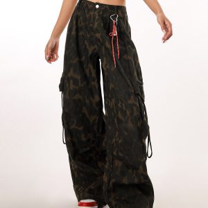 Vintage Leopard Print Camouflage Casual Pants for Women - BF Loose Wide-Leg Trousers in Lazy Style, Perfect for 90s Y2K Fashion