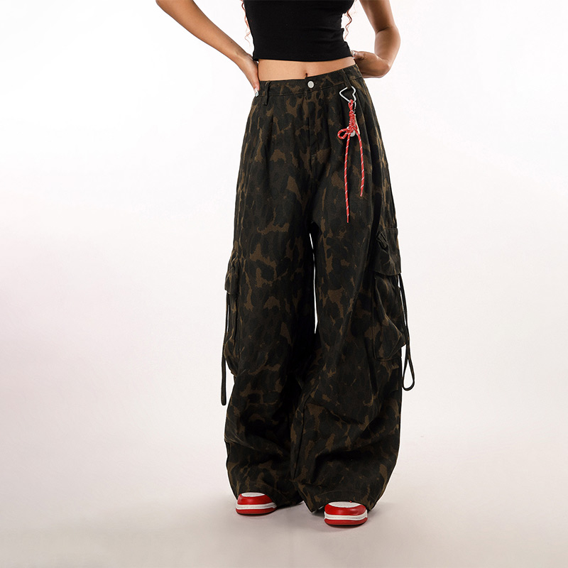 Vintage Leopard Print Camouflage Casual Pants for Women - BF Loose Wide-Leg Trousers in Lazy Style, Perfect for 90s Y2K Fashion