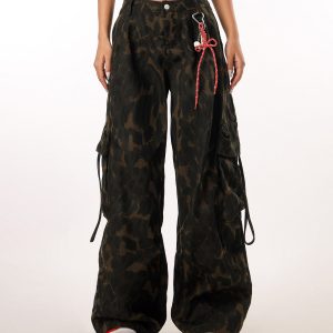 Vintage Leopard Print Camouflage Casual Pants for Women - BF Loose Wide-Leg Trousers in Lazy Style, Perfect for 90s Y2K Fashion