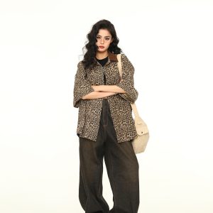 Vintage Leopard Print Denim Jacket with Polo Collar - Unisex Retro Streetwear Short Sleeve