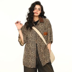 Vintage Leopard Print Denim Jacket with Polo Collar - Unisex Retro Streetwear Short Sleeve