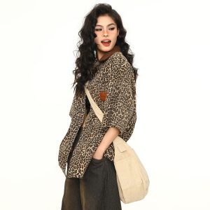 Vintage Leopard Print Denim Jacket with Polo Collar - Unisex Retro Streetwear Short Sleeve