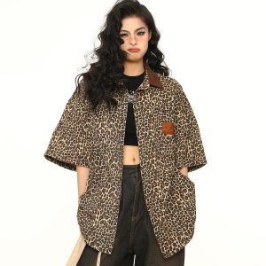 Vintage Leopard Print Denim Jacket with Polo Collar - Unisex Retro Streetwear Short Sleeve