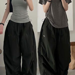 Vintage Loose Fit Cargo Pants for Women, Wide-Leg Parachute Trousers with Drawstring, Casual Jazz Dance Style, Floor-Length Sportswear