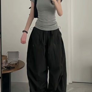 Vintage Loose Fit Cargo Pants for Women, Wide-Leg Parachute Trousers with Drawstring, Casual Jazz Dance Style, Floor-Length Sportswear