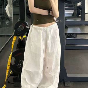 Vintage Loose Fit Cargo Pants for Women, Wide-Leg Parachute Trousers with Drawstring, Casual Jazz Dance Style, Floor-Length Sportswear
