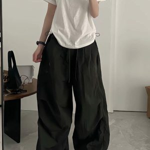 Vintage Loose Fit Cargo Pants for Women, Wide-Leg Parachute Trousers with Drawstring, Casual Jazz Dance Style, Floor-Length Sportswear