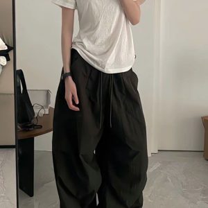 Vintage Loose Fit Cargo Pants for Women, Wide-Leg Parachute Trousers with Drawstring, Casual Jazz Dance Style, Floor-Length Sportswear