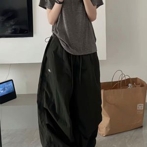 Vintage Loose Fit Cargo Pants for Women, Wide-Leg Parachute Trousers with Drawstring, Casual Jazz Dance Style, Floor-Length Sportswear