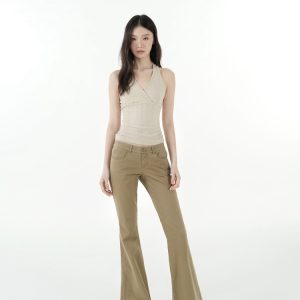 Vintage Low-Rise Khaki Flared Denim Pants for Women - 90s Inspired Workwear Style