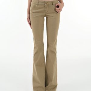 Vintage Low-Rise Khaki Flared Denim Pants for Women - 90s Inspired Workwear Style