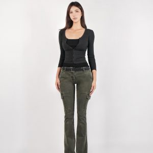 Vintage Low-Rise Washed Micro-Flare Cargo Pants - 90s Inspired Trendy Women's Fashion Bottoms