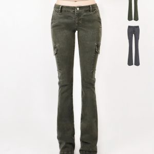 Vintage Low-Rise Washed Micro-Flare Cargo Pants - 90s Inspired Trendy Women's Fashion Bottoms