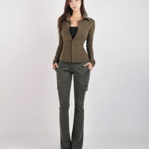 Vintage Low-Rise Washed Micro-Flare Cargo Pants - 90s Inspired Trendy Women's Fashion Bottoms