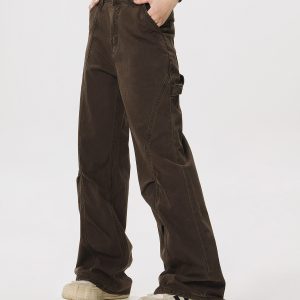 Vintage Lumberjack Casual Pants for Women - Slightly Flared Wide-Leg Style, 90s Inspired Straight Fit