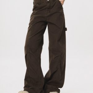 Vintage Lumberjack Casual Pants for Women - Slightly Flared Wide-Leg Style, 90s Inspired Straight Fit