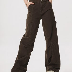 Vintage Lumberjack Casual Pants for Women - Slightly Flared Wide-Leg Style, 90s Inspired Straight Fit