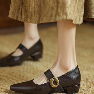 Vintage Mid-Heel Mary Jane Shoes for Women - 2025 Spring Summer Lambskin Chunky Heel Flats, Pointed Toe, Shallow Mouth Design