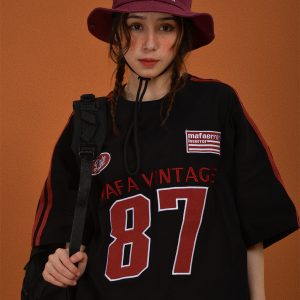 Vintage Motorcycle Graphic Short Sleeve T-Shirt for Women - Summer Loose Fit Couple Tee with Double Stripe Design, Trendy Style